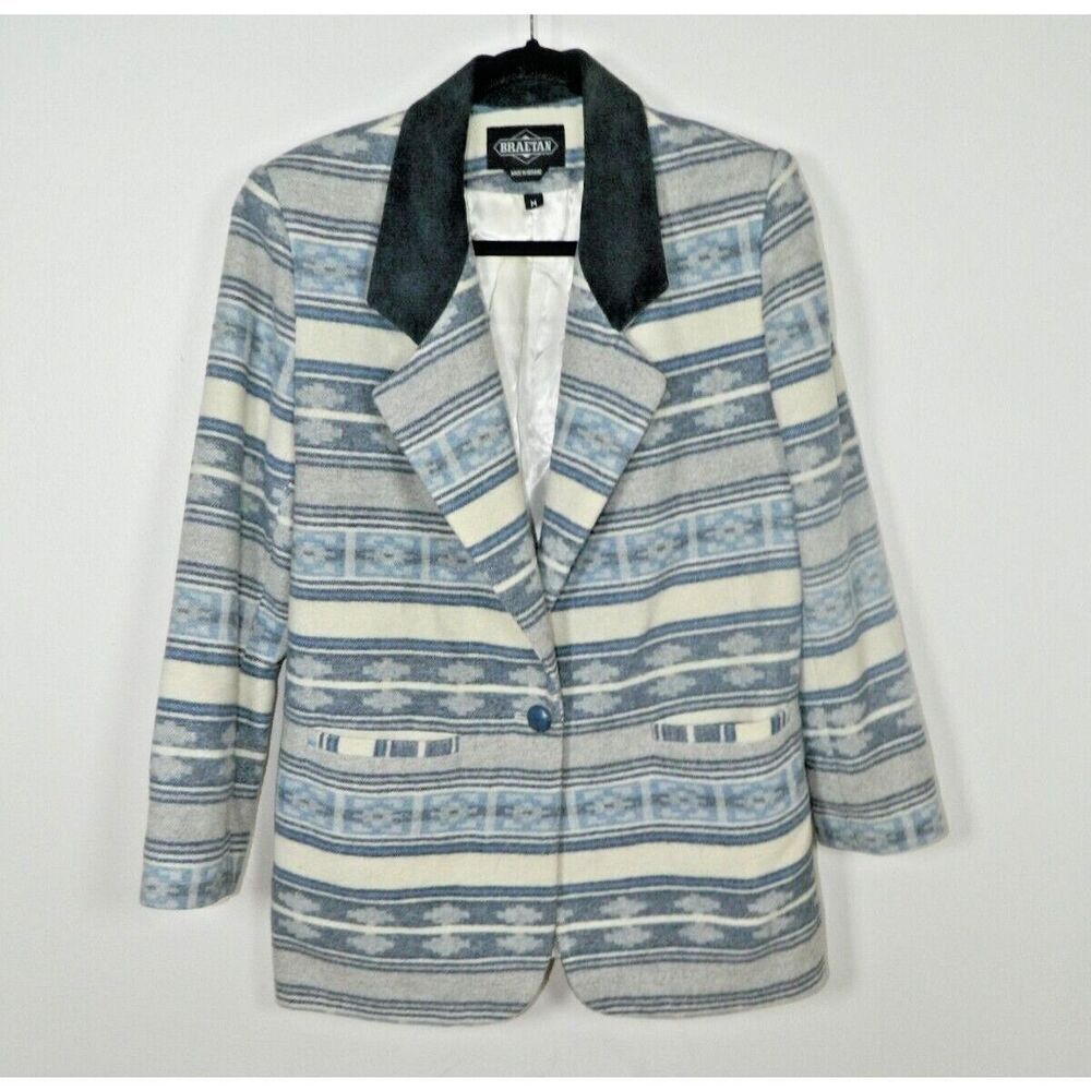 Braetan Jacket Blazer Size Medium Blue  Vintage Aztec Print Western Suede Collar